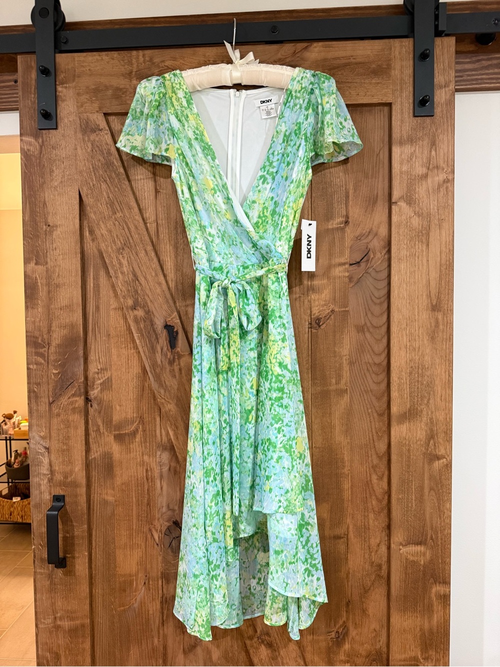 DKNY Green Floral High-Low Wrap Dress